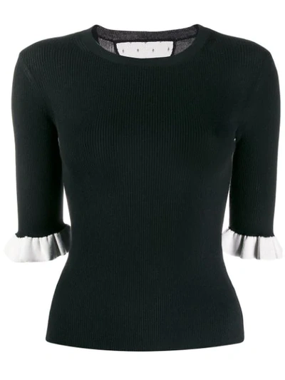 Red Valentino Frill Sleeve Ribbed Top In Black