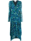 Ganni Floral Print Mesh Long Sleeve Maxi Wrap Dress In Blue,light Blue,green