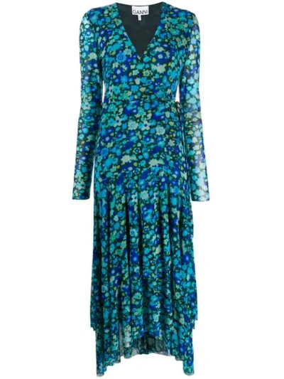 Ganni Floral Print Mesh Long Sleeve Maxi Wrap Dress In Blue