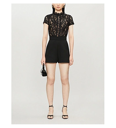 Maje Ilo Ruffled-trim Lace-panelled Crepe Playsuit In Black