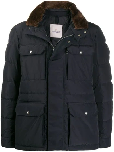 Moncler Men's 4-pocket Field Jacket With Fur Collar In Navy
