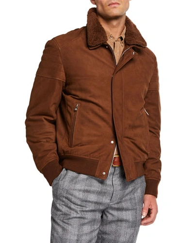 Brunello Cucinelli Men's Suede Moto Jacket With Shearling Collar In Brown