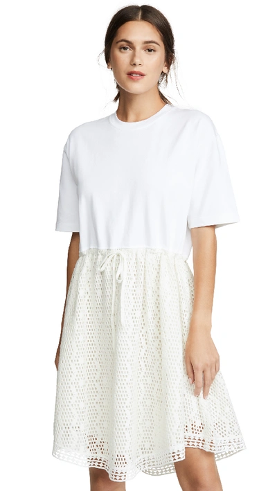 See By Chloé Crewneck Tie-waist Lace Tee Dress In White Powder