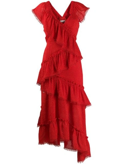Three Floor Tiered Rouge V-neck Cap-sleeve Ruffle-trim Dress In Red