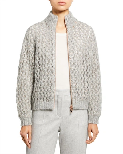 Brunello Cucinelli Mohair-cashmere Zip-front Cardigan In Light Gray