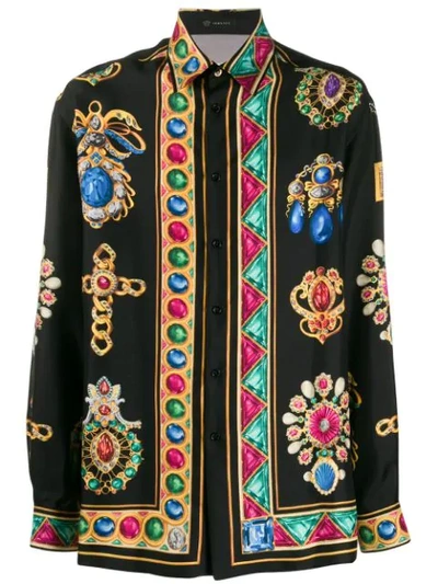 Versace Jewel-print Silk-satin Shirt In Black