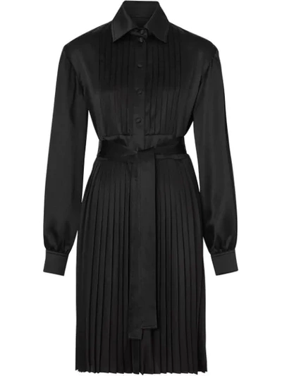 Burberry Pleated Silk Satin And Jersey Tie-waist Shirt Dress In Black