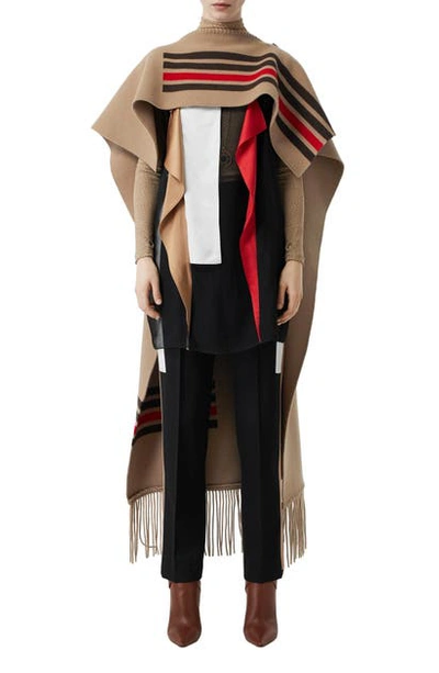 Burberry Striped Wool Cashmere Blend Cape In Camel