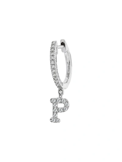 Meira T 14k White Gold Diamond Intial Single Huggie Hoop Earring In Initial P