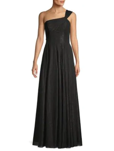 Carmen Marc Valvo Infusion Sparkle Chiffon One-shoulder Gown In Black