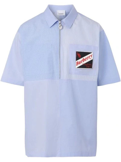Burberry Short-sleeve Logo Graphic Patchwork Cotton Shirt In Blue