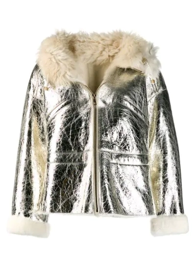 Yves Salomon Shearling-lined Metallic Crinkled-leather Hooded Jacket In Silver