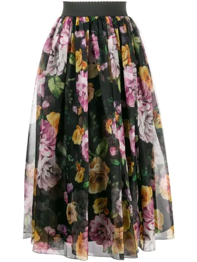 Dolce & Gabbana Silk Organdie Floral Midi Skirt In Black