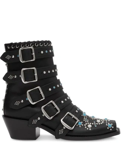 Burberry Buckled Embellished Leather Peep-toe Ankle Boots In Black
