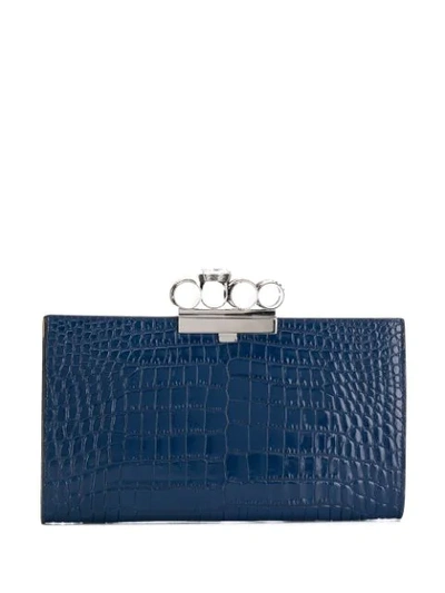 Alexander Mcqueen Four Ring Croc Embossed Leather Clutch In Blue