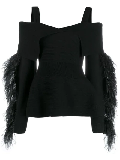 Antonino Valenti Feather Cold-shoulder Peplum Top In Black