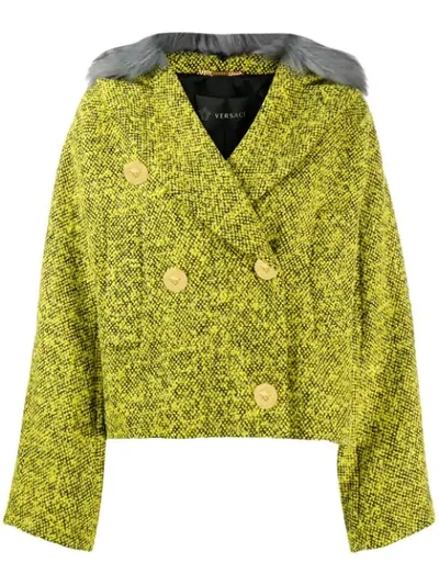 Versace Faux Fur Trim Tweed Jacket In Green