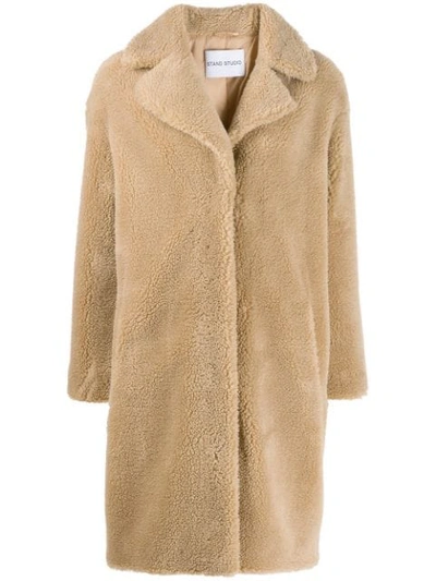 Stand Studio Jacey Camel Faux Shearling Coat In Beige