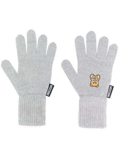 Moschino Teddy Patch Gloves In Grey