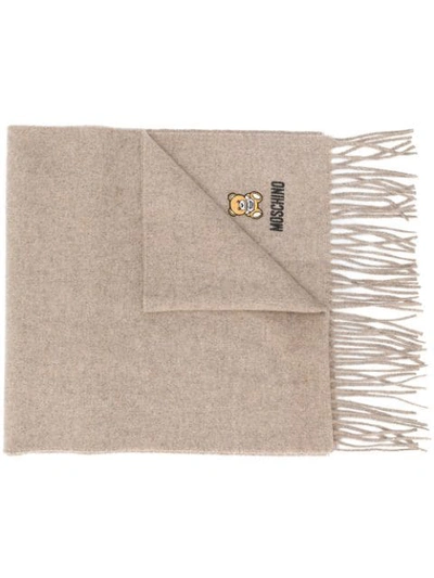 Moschino Logo-embroidered Fringed Scarf In Brown