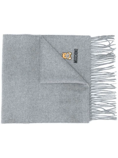 Moschino Logo-embroidered Fringed Scarf In Grey