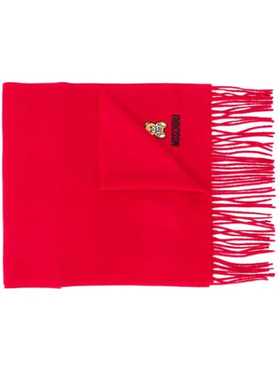 Moschino Logo-embroidered Fringed Scarf In Red