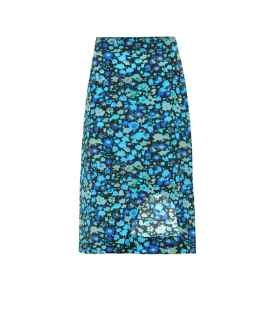 Ganni Floral-print Crepe Midi Skirt In Blue