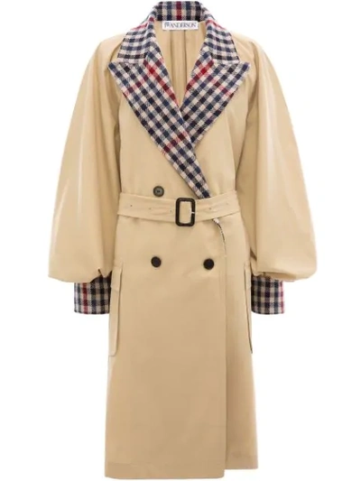 Jw Anderson Belted Checked Wool-blend And Cotton-gabardine Trench Coat In Beige
