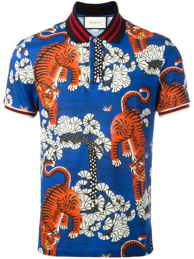 Gucci Bengal Print Polo Shirt In Blue Bengal Print | ModeSens