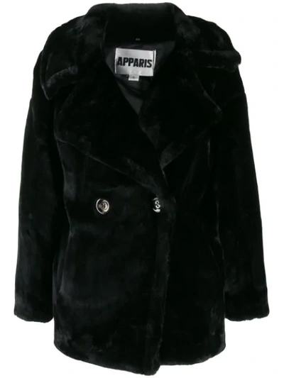 Apparis Double-breasted Faux-fur Coat In Black
