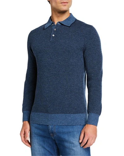 Neiman Marcus Men's Long-sleeve Birdseye Cashmere Polo Shirt In Blue Pattern