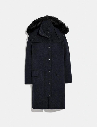 Coach Luxury Wool Parka With Shearling Ruff In Navy