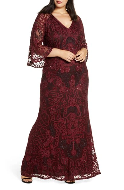Js Collections Bell Sleeve Bead & Soutache Gown In Cabernet