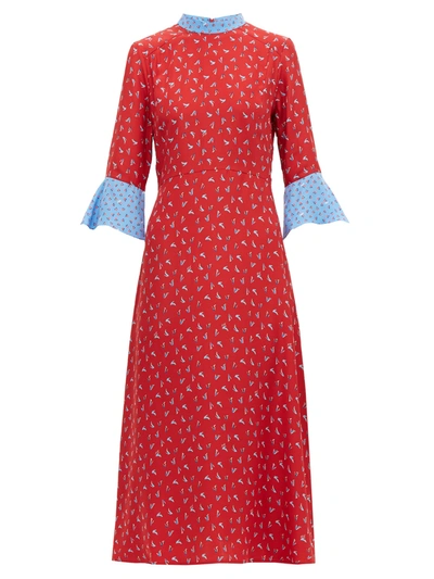 Hvn Ashley Heel-print Silk Midi Dress In Red,blue,light Blue