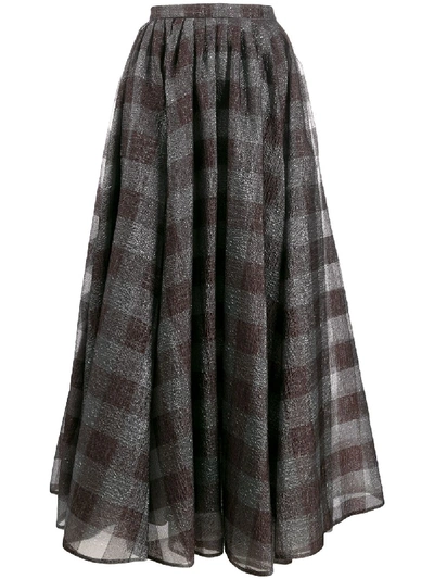 Erdem Silk Check Flared Midi Skirt In Grey