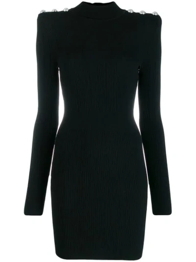 Balmain Square-shoulder Ribbed Dress In Black