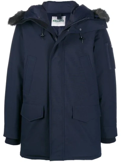 Kenzo Hooded Zip-front Coat In Blue