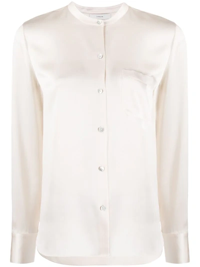 Vince Band Collar Stretch Silk Blouse In Sandstone