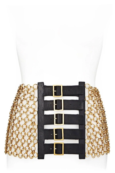 Pre-owned Chanel Black Leather & Gold Chain Corset Belt 80