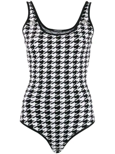 Balmain Houndstooth Bodysuit In Black White