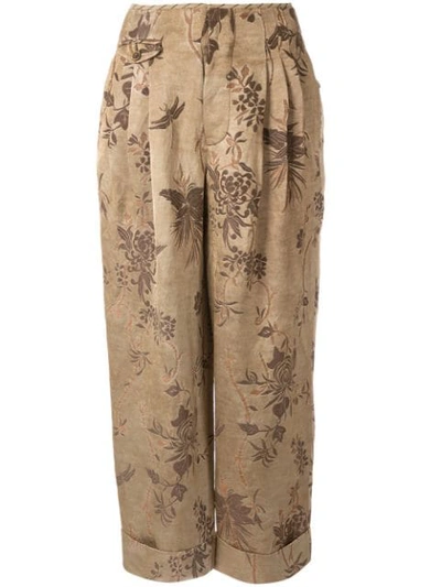 Uma Wang Turned-up Floral Print Trousers In Neutrals