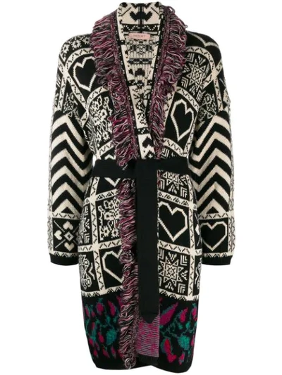 Twinset Mix Pattern Fringe Coat In Black