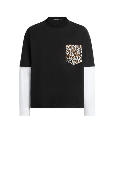 Roberto Cavalli Hybrid Poplin Sleeve Animalier T-shirt In Black