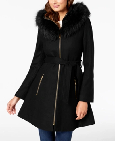 Laundry By Shelli Segal Hooded Faux Fur Trim A-line Coat In Black
