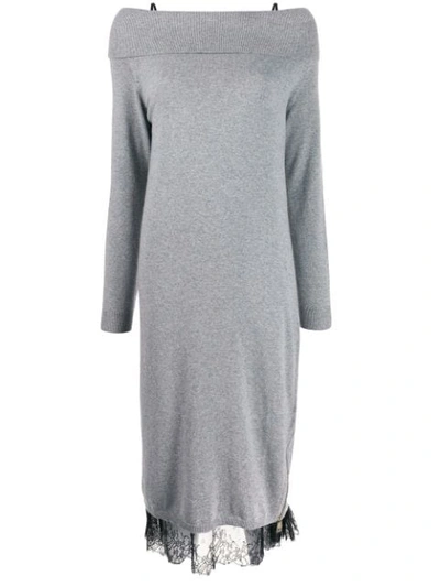 Twinset Off The Shoulder Knit And Lace Dress In Grey
