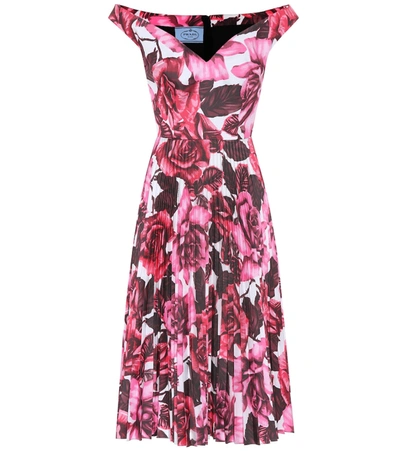 Prada Off-the-shoulder Pleated Floral-print Cotton-poplin Dress In Pink