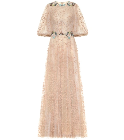 Costarellos Embellished Tulle Gown In Beige