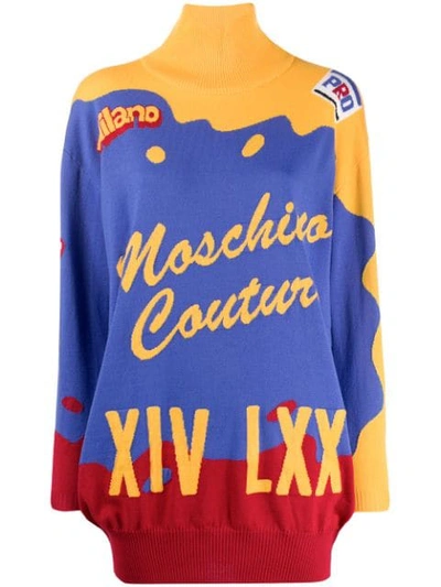 Moschino Short Intarsia Knitted Dress In Blue