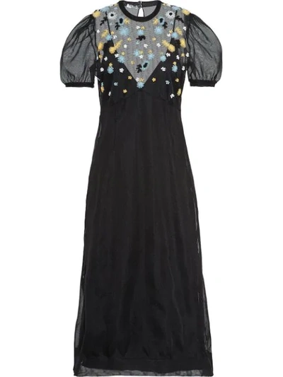 Miu Miu Short Sleeve Floral Embroidered Dress In Black