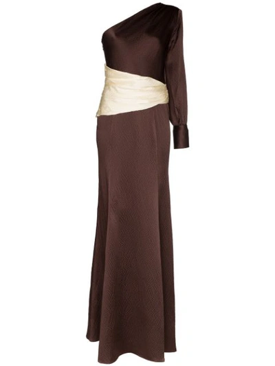 Rebecca De Ravenel Helga One-shoulder Hammered-silk Gown In Brown
